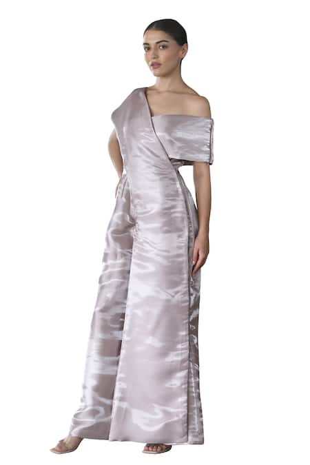 Buy_East14_Rose Gold Liquid Organza V-neck Metallic Finish Jumpsuit_Online_at_Aza_Fashions