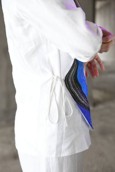 East14 White Cupro Crepe Printed Brush Stroke V-neck Top Online at Aza Fashions East14_White Cupro Crepe Printed Brush Stroke V-neck Top_Online_at_Aza_Fashions