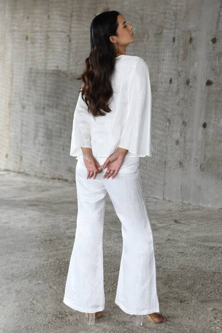 Shop_East14_White Cupro Crepe Printed Brush Stroke Closed Round Neck Top_at_Aza_Fashions