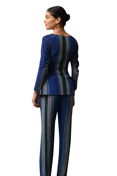 Shop_East14_Blue Cupro Crepe Printed Stripe Sweetheart Neck Raglan Jacket_Online_at_Aza_Fashions