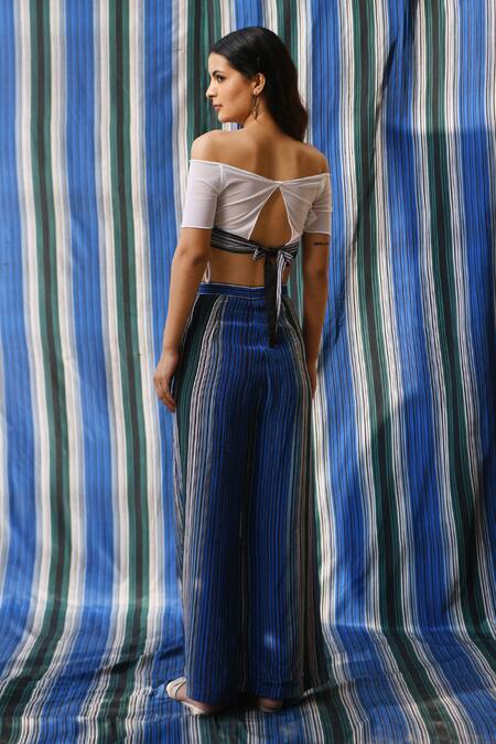 Shop East14 Blue Cupro Crepe Print Stripe Brayant Flap Pant at Aza Fashions Shop_East14_Blue Cupro Crepe Print Stripe Brayant Flap Pant_at_Aza_Fashions
