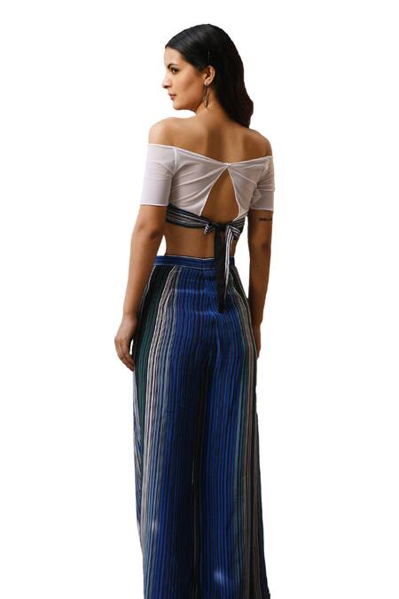 East14 Blue Cupro Crepe Print Stripe Brayant Flap Pant Online at Aza Fashions East14_Blue Cupro Crepe Print Stripe Brayant Flap Pant_Online_at_Aza_Fashions