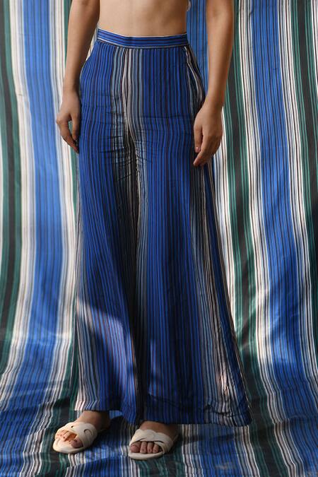 Buy East14 Blue Cupro Crepe Print Stripe Brayant Flap Pant Online at Aza Fashions Buy_East14_Blue Cupro Crepe Print Stripe Brayant Flap Pant_Online_at_Aza_Fashions
