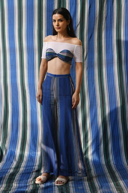 Shop East14 Blue Cupro Crepe Print Stripe Brayant Flap Pant Online at Aza Fashions Shop_East14_Blue Cupro Crepe Print Stripe Brayant Flap Pant_Online_at_Aza_Fashions