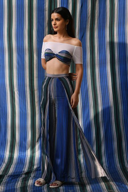 East14 Blue Cupro Crepe Print Stripe Brayant Flap Pant at Aza Fashions East14_Blue Cupro Crepe Print Stripe Brayant Flap Pant_at_Aza_Fashions