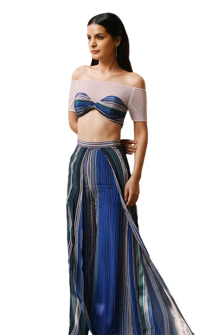 Buy East14 Blue Cupro Crepe Print Stripe Brayant Flap Pant Buy_East14_Blue Cupro Crepe Print Stripe Brayant Flap Pant