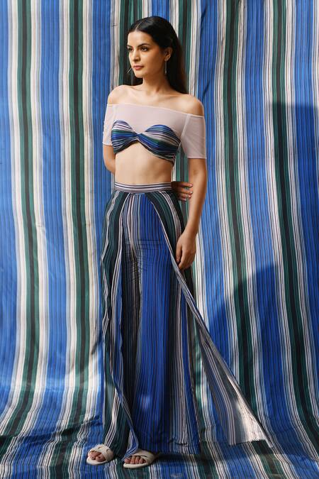 Shop East14 Blue Cupro Crepe Print Stripe Brayant Flap Pant Shop_East14_Blue Cupro Crepe Print Stripe Brayant Flap Pant