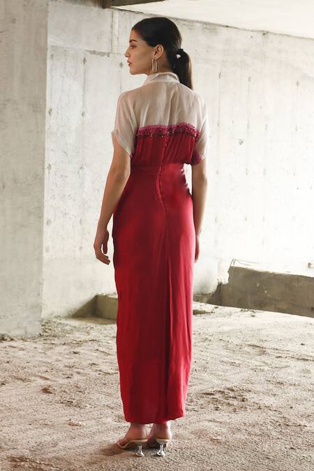 Shop East14 Red Cotton Satin Hand Embroidery Sequins Collar Val Draped Shirt Dress at Aza Fashions Shop_East14_Red Cotton Satin Hand Embroidery Sequins Collar Val Draped Shirt Dress_at_Aza_Fashions