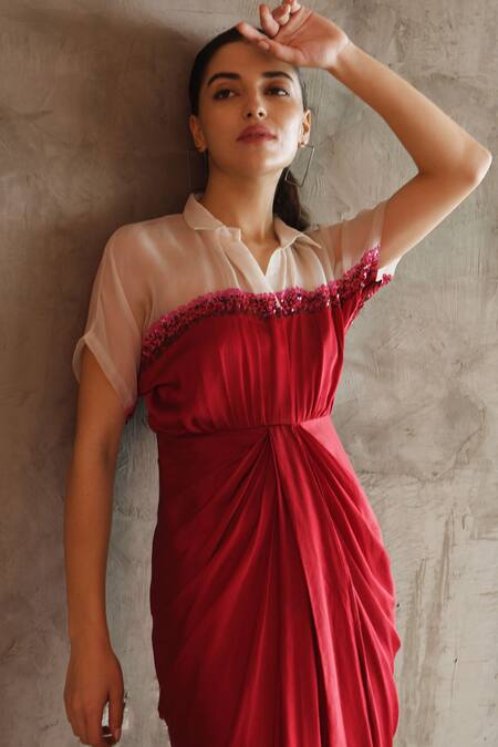 East14 Red Cotton Satin Hand Embroidery Sequins Collar Val Draped Shirt Dress Online at Aza Fashions East14_Red Cotton Satin Hand Embroidery Sequins Collar Val Draped Shirt Dress_Online_at_Aza_Fashions