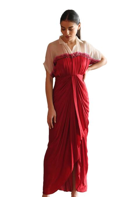 Shop East14 Red Cotton Satin Hand Embroidery Sequins Collar Val Draped Shirt Dress Online at Aza Fashions Shop_East14_Red Cotton Satin Hand Embroidery Sequins Collar Val Draped Shirt Dress_Online_at_Aza_Fashions