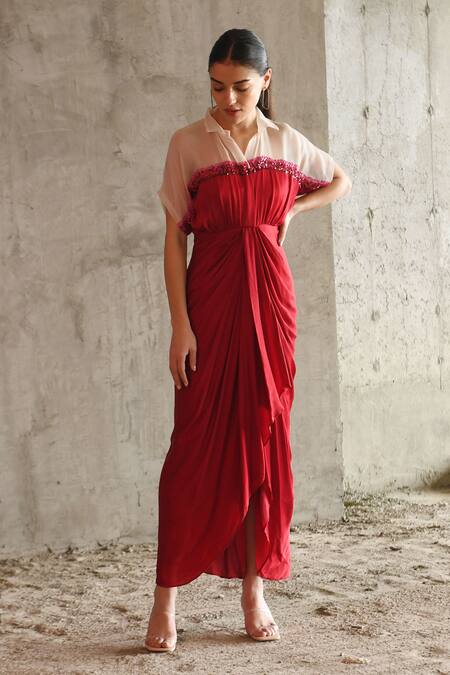 East14 Red Cotton Satin Hand Embroidery Sequins Collar Val Draped Shirt Dress at Aza Fashions East14_Red Cotton Satin Hand Embroidery Sequins Collar Val Draped Shirt Dress_at_Aza_Fashions