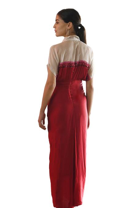 Buy East14 Red Cotton Satin Hand Embroidery Sequins Collar Val Draped Shirt Dress Buy_East14_Red Cotton Satin Hand Embroidery Sequins Collar Val Draped Shirt Dress