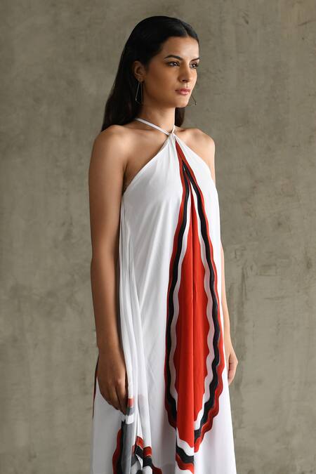 Shop_East14_White Cupro Crepe Print Abstract Halter Eva Dress_at_Aza_Fashions