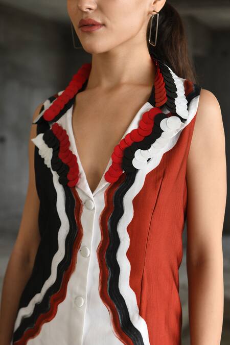 East14_White Cupro Crepe Print Scallop Brush Lapel Collar Vezzo Jacket Dress_Online_at_Aza_Fashions