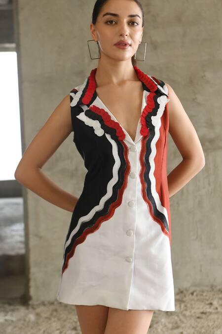 Buy_East14_White Cupro Crepe Print Scallop Brush Lapel Collar Vezzo Jacket Dress_Online_at_Aza_Fashions