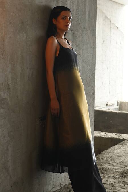 East14 Gold Organza Metallic Thread Scoop Neck Lillo Liquid A-line Kurta Online at Aza Fashions East14_Gold Organza Metallic Thread Scoop Neck Lillo Liquid A-line Kurta_Online_at_Aza_Fashions