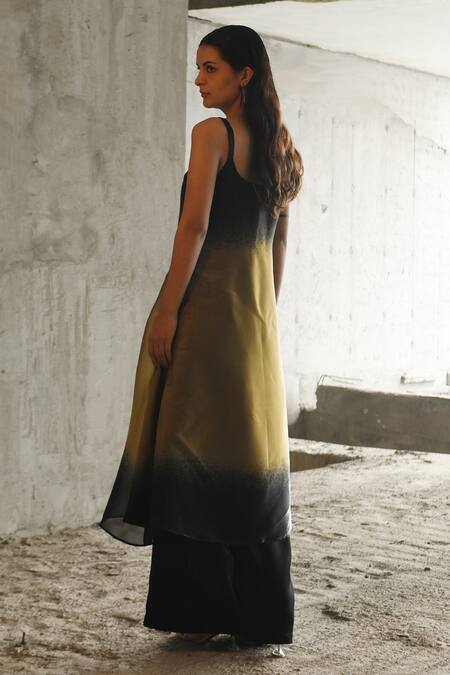 Shop_East14_Black Liquid Organza Plain Lillo Flare Pant_at_Aza_Fashions