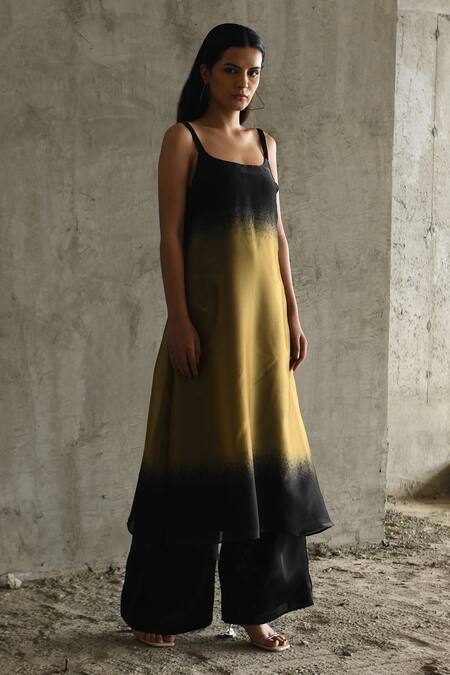 Shop_East14_Black Liquid Organza Plain Lillo Flare Pant_Online_at_Aza_Fashions