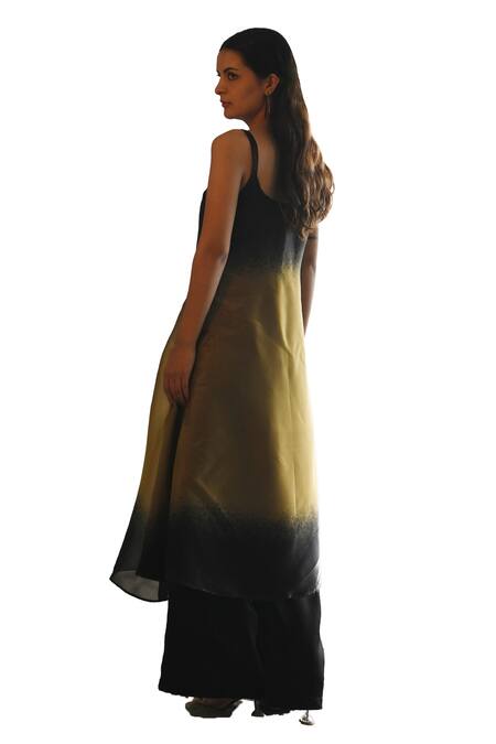 East14_Black Liquid Organza Plain Lillo Flare Pant_at_Aza_Fashions