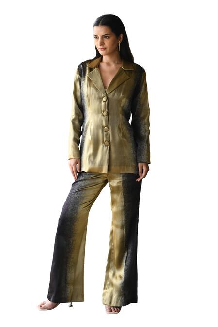 Buy East14 Gold Liquid Organza Print Metallic Strippling Lapel Collar Cecconi Jacket Online at Aza Fashions Buy_East14_Gold Liquid Organza Print Metallic Strippling Lapel Collar Cecconi Jacket_Online_at_Aza_Fashions