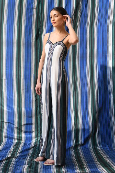 East14 White Cupro Crepe Print Stripe Sweetheart Emilia Jumpsuit Online at Aza Fashions East14_White Cupro Crepe Print Stripe Sweetheart Emilia Jumpsuit_Online_at_Aza_Fashions