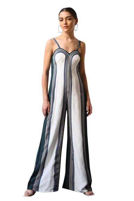 Shop East14 White Cupro Crepe Print Stripe Sweetheart Emilia Jumpsuit Online at Aza Fashions Shop_East14_White Cupro Crepe Print Stripe Sweetheart Emilia Jumpsuit_Online_at_Aza_Fashions