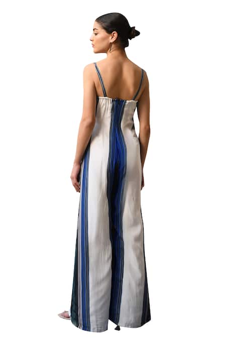 East14 White Cupro Crepe Print Stripe Sweetheart Emilia Jumpsuit at Aza Fashions East14_White Cupro Crepe Print Stripe Sweetheart Emilia Jumpsuit_at_Aza_Fashions