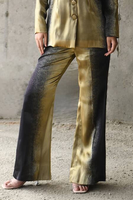 Shop_East14_Gold Organza Metallic Thread Cecconi Liquid Strippling Print Pant_Online_at_Aza_Fashions