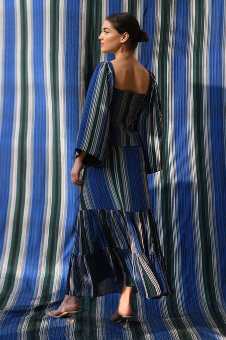 Shop East14 Blue Sweetheart Neck Serabeth Cupro Crepe Stripe Print Corset Top at Aza Fashions Shop_East14_Blue Sweetheart Neck Serabeth Cupro Crepe Stripe Print Corset Top_at_Aza_Fashions