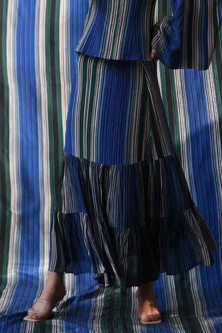 East14 Blue Sweetheart Neck Serabeth Cupro Crepe Stripe Print Corset Top Online at Aza Fashions East14_Blue Sweetheart Neck Serabeth Cupro Crepe Stripe Print Corset Top_Online_at_Aza_Fashions