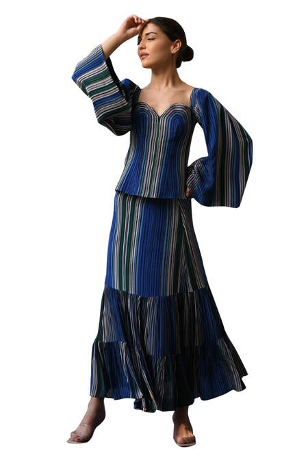 Shop East14 Blue Sweetheart Neck Serabeth Cupro Crepe Stripe Print Corset Top Online at Aza Fashions Shop_East14_Blue Sweetheart Neck Serabeth Cupro Crepe Stripe Print Corset Top_Online_at_Aza_Fashions