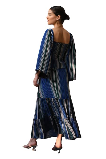 Buy East14 Blue Sweetheart Neck Serabeth Cupro Crepe Stripe Print Corset Top Buy_East14_Blue Sweetheart Neck Serabeth Cupro Crepe Stripe Print Corset Top