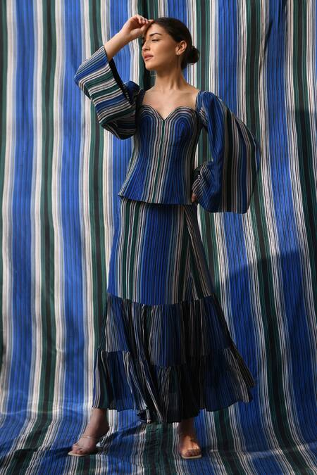 East14_Blue Cupro Crepe Print Stripe Serabeth Flare Long Skirt_at_Aza_Fashions