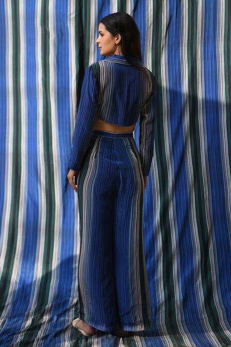 Shop East14 Blue Collared Via Cupro Crepe Stripe Print Crop Jacket at Aza Fashions Shop_East14_Blue Collared Via Cupro Crepe Stripe Print Crop Jacket_at_Aza_Fashions