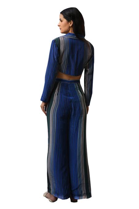 East14 Blue Collared Via Cupro Crepe Stripe Print Crop Jacket at Aza Fashions East14_Blue Collared Via Cupro Crepe Stripe Print Crop Jacket_at_Aza_Fashions