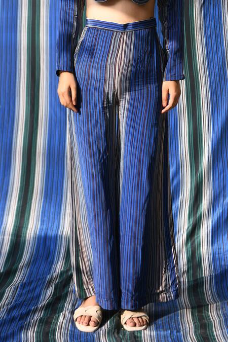 East14 Blue Crepe Via Cupro Stripe Print Flare Pant Online at Aza Fashions East14_Blue Crepe Via Cupro Stripe Print Flare Pant_Online_at_Aza_Fashions