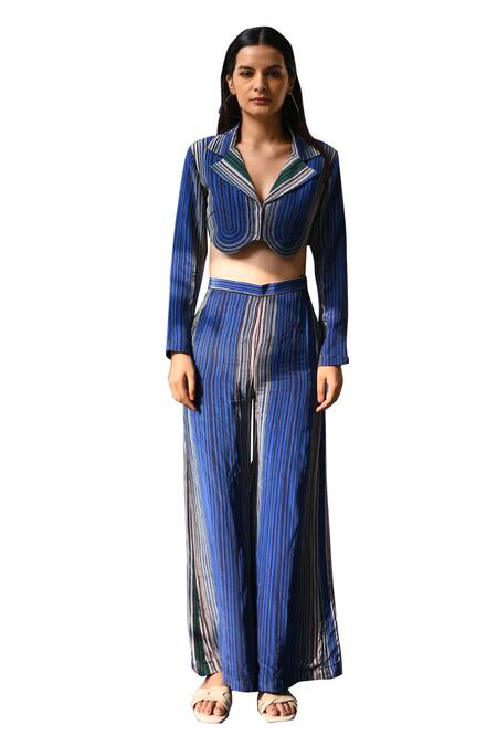 East14 Blue Crepe Via Cupro Stripe Print Flare Pant at Aza Fashions East14_Blue Crepe Via Cupro Stripe Print Flare Pant_at_Aza_Fashions