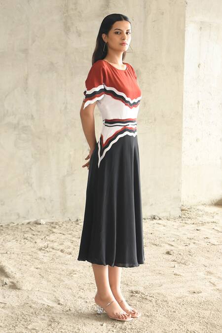 Buy_East14_Red Cupro Crepe Print Scallop Brush Round Groove Midi Dress_Online_at_Aza_Fashions