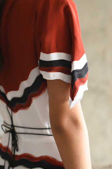 Shop_East14_Red Cupro Crepe Print Scallop Brush Round Groove Midi Dress_Online_at_Aza_Fashions