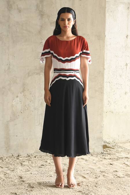 Buy_East14_Red Cupro Crepe Print Scallop Brush Round Groove Midi Dress