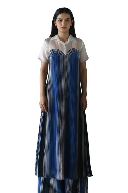 Buy_East14_White Cupro Crepe Print Stripe Collar Cornelia A-line Kurta_Online_at_Aza_Fashions