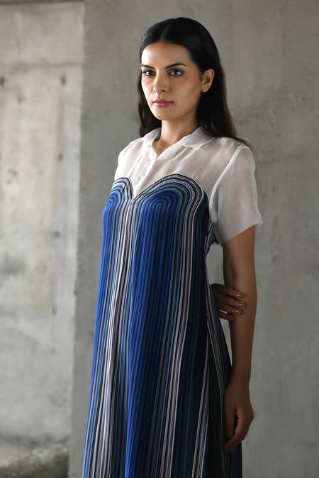 Shop_East14_White Cupro Crepe Print Stripe Collar Cornelia A-line Kurta_Online_at_Aza_Fashions