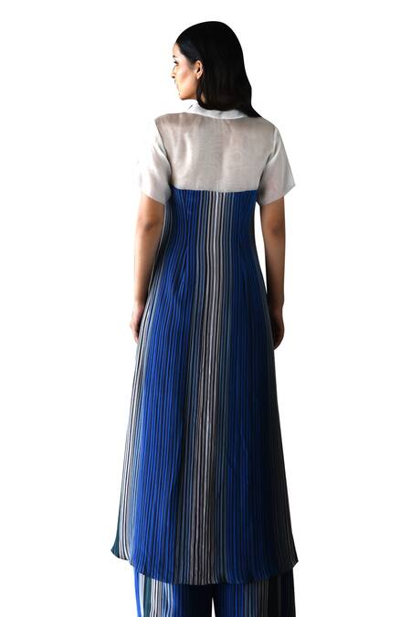 East14_White Cupro Crepe Print Stripe Collar Cornelia A-line Kurta_at_Aza_Fashions