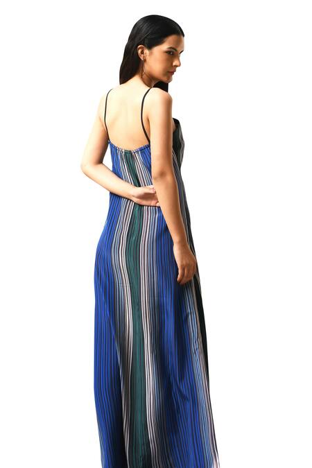 East14_Blue Cupro Crepe Print Stripe Sweetheart Brera Maxi Dress_at_Aza_Fashions