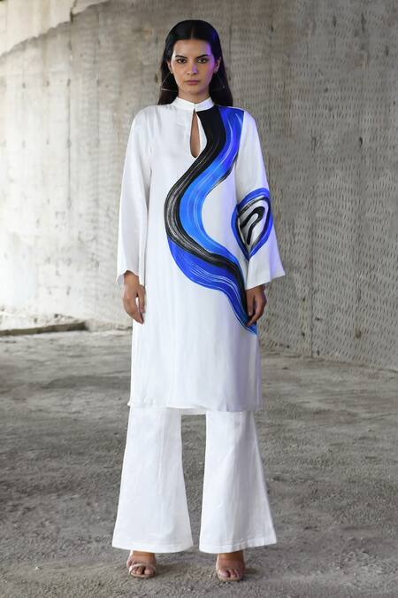 East14_White Cupro Satin Print Brush Stroke Mandarin Bethesda A-line Kurta_Online_at_Aza_Fashions