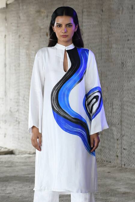Buy_East14_White Cupro Satin Print Brush Stroke Mandarin Bethesda A-line Kurta_Online_at_Aza_Fashions