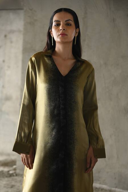 East14_Gold Liquid Organza Print Metallic Strippling Collar Fraunces Shirt Dress_Online_at_Aza_Fashions