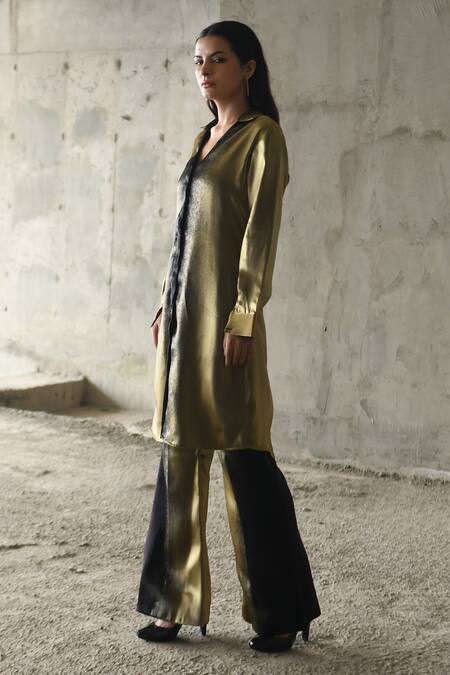 Buy_East14_Gold Liquid Organza Print Metallic Strippling Collar Fraunces Shirt Dress_Online_at_Aza_Fashions