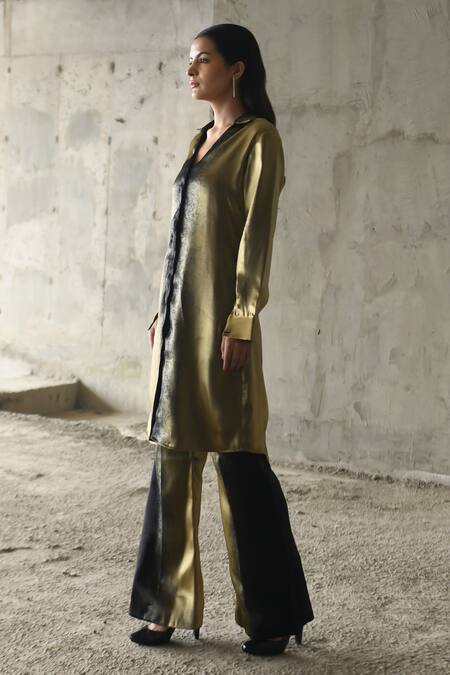 Shop_East14_Gold Liquid Organza Print Metallic Strippling Collar Fraunces Shirt Dress_Online_at_Aza_Fashions
