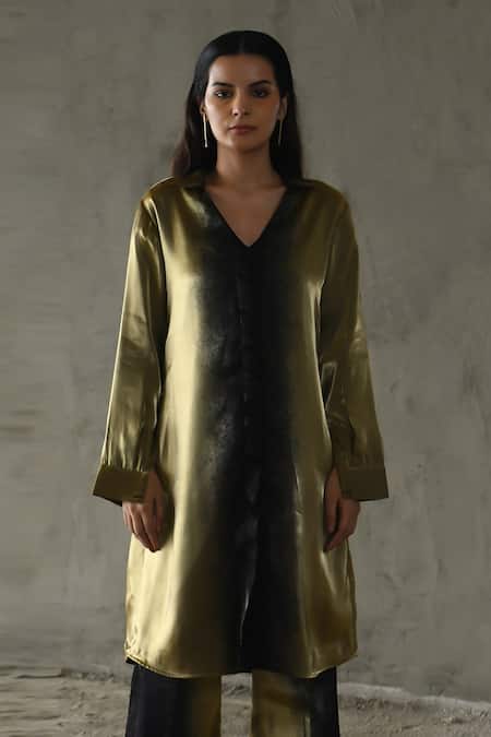 East14_Gold Liquid Organza Print Metallic Strippling Collar Fraunces Shirt Dress_at_Aza_Fashions